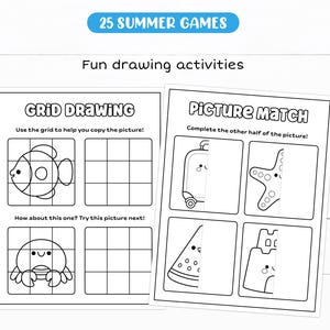 May include: Two activity sheets with the text "25 SUMMER GAMES" and "Fun drawing activities". One sheet is labeled "GRID DRAWING" with a fish and crab. The other sheet is labeled "PICTURE MATCH" with a suitcase, starfish, watermelon, and sandcastle.