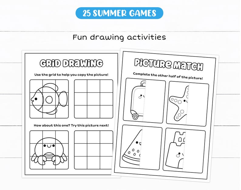 May include: Two activity sheets with the text "25 SUMMER GAMES" and "Fun drawing activities". One sheet is labeled "GRID DRAWING" with a fish and crab. The other sheet is labeled "PICTURE MATCH" with a suitcase, starfish, watermelon, and sandcastle.