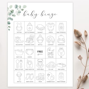 60 genderneutrale babybingokaarten, voorgevulde babyshowerbingo met afbeeldingen, minimalistische babystrooispellen, eucalyptusgroen