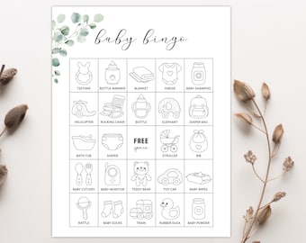 60 Gender Neutral Baby Bingo Cards, Prefilled Baby Shower Bingo With Pictures, Minimalistic Baby Sprinkle Games, Eucalyptus Greenery Green