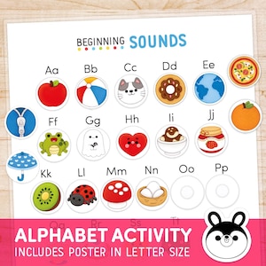Hoja de trabajo con sonidos iniciales del alfabeto, imágenes para combinar sonidos de letras, tabla de aprendizaje del abecedario con imágenes, libro de actividades Montessori para niños en edad preescolar