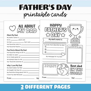 May include: Two black and white printable Father's Day activity sheets. One page is titled All About My Dad with fill-in-the-blank prompts. The second page is titled Happy Father's Day with a trophy graphic, a picture frame, and a globe illustration.