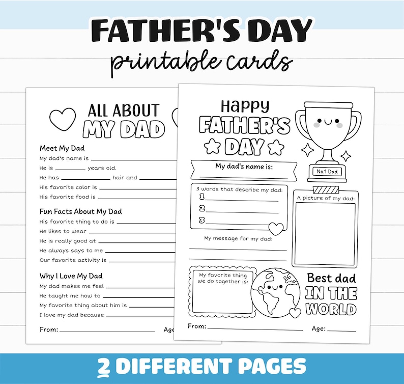 Pu&ograve; includere: Due fogli di attivit&agrave; stampabili in bianco e nero per la festa del pap&agrave;. Una pagina &egrave; intitolata All About My Dad con spazi da compilare. La seconda pagina &egrave; intitolata Happy Father's Day con un trofeo, una cornice e un'illustrazione del mondo.