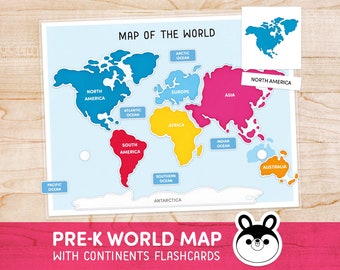Continents and Oceans Matching Activity, Montessori World Map, 3 Part Continents Flashcards, Preschool Earth Day Printable, Earth Guide Kids