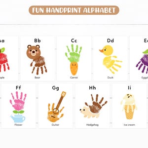 May include: A colorful alphabet chart with handprint illustrations for each letter. The letters are paired with a corresponding image and word, such as 'Aa Apple', 'Bb Bear', 'Cc Carrot', 'Dd Duck', 'Ee Eggplant', 'Ff Flower', 'Gg Guitar', 'Hh Hedgehog', and 'Ii Ice Cream'.