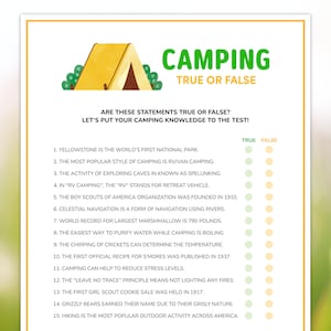 Campingtrivia-game, campingquizgames, kampprintables, vragen over wilde dieren, waar of niet waar, feit of fictie, activiteitenbladen voor kinderen