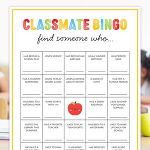 Bingo avec un camarade de classe, bingo avec la classe de l'invité, bingo apprenez à vous connaître pour les enfants, bingo brise-glace pour la rentrée scolaire, jeux amusants pour la classe