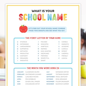 What&#39;s Your School Name Generator, Create a Back to School Name Game, First Day of School Activities, Classroom Games, Teacher Printables