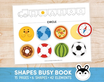 May include: A printable busy book for kids to learn shapes. The book has 15 pages, 6 shapes, and 42 elements. The cover features a train with different shapes and a cute cartoon husky.