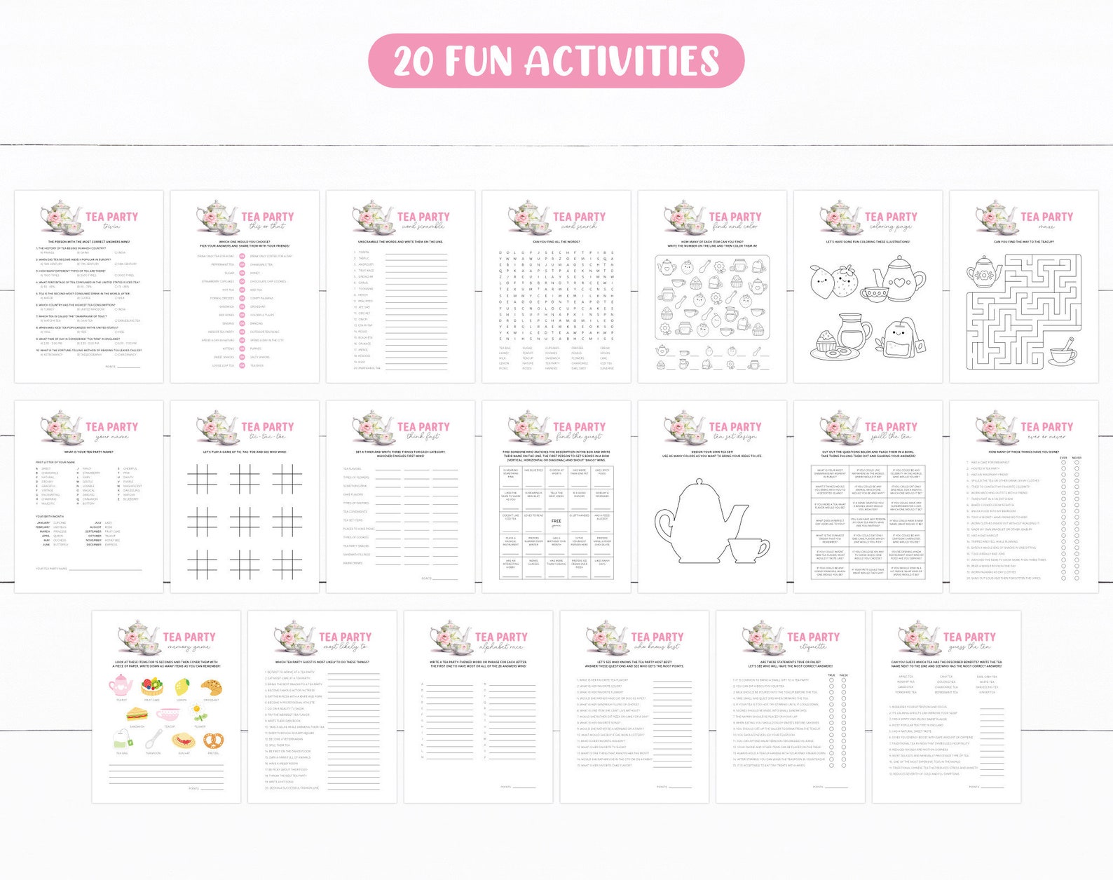 Printable Tea Party Activities Bundle, Kids Garden Tea Party Games ...