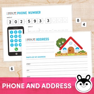 May include: A printable worksheet with a phone and house illustration. The worksheet is titled "I Know My Phone Number" and "I Know My Address". The phone number is 202-593-3. The address section has fields for street, city, state, and zip code.