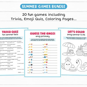 Peut inclure: Un ensemble de jeux d'&eacute;t&eacute; comprenant un quiz de culture g&eacute;n&eacute;rale, un quiz emoji et des pages &agrave; colorier. Le quiz de culture g&eacute;n&eacute;rale teste les connaissances estivales, le quiz emoji devine des mots d'&eacute;t&eacute; et les pages &agrave; colorier pr&eacute;sentent des illustrations d'&eacute;t&eacute;.