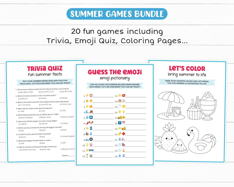 Peut inclure: Un ensemble de jeux d'&eacute;t&eacute; comprenant un quiz de culture g&eacute;n&eacute;rale, un quiz emoji et des pages &agrave; colorier. Le quiz de culture g&eacute;n&eacute;rale teste les connaissances estivales, le quiz emoji devine des mots d'&eacute;t&eacute; et les pages &agrave; colorier pr&eacute;sentent des illustrations d'&eacute;t&eacute;.