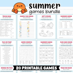 Peut inclure: Un ensemble de 20 jeux d'&eacute;t&eacute; imprimables, comprenant des jeux de questions, des jeux d'&eacute;mojis, des jeux de recherche de mots et des bingos. Le design pr&eacute;sente un crabe de dessin anim&eacute; et les mots "summer games bundle".