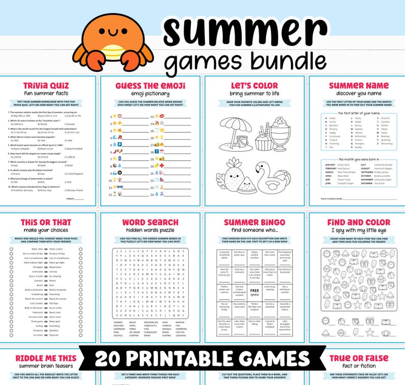 Peut inclure: Un ensemble de 20 jeux d'&eacute;t&eacute; imprimables, comprenant des jeux de questions, des jeux d'&eacute;mojis, des jeux de recherche de mots et des bingos. Le design pr&eacute;sente un crabe de dessin anim&eacute; et les mots "summer games bundle".