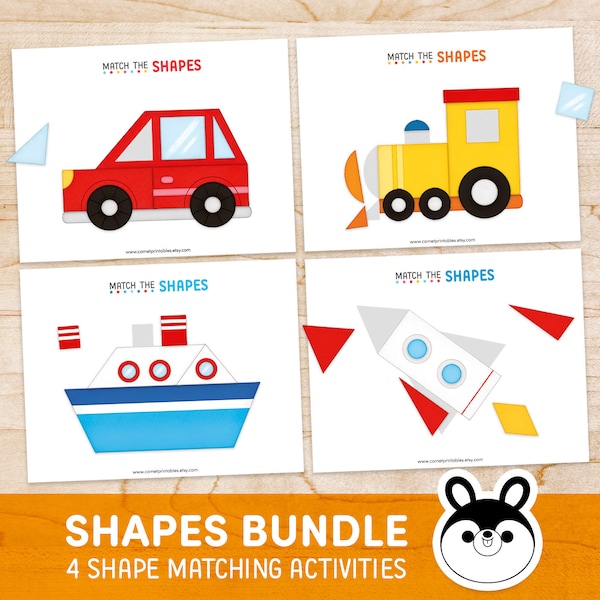 Shape Matching Printable Worksheets fror Kids, Vehicles Shapes Busy Book, Shapes Preschool File Folder Games, Toddler Pre-K Learning Binder