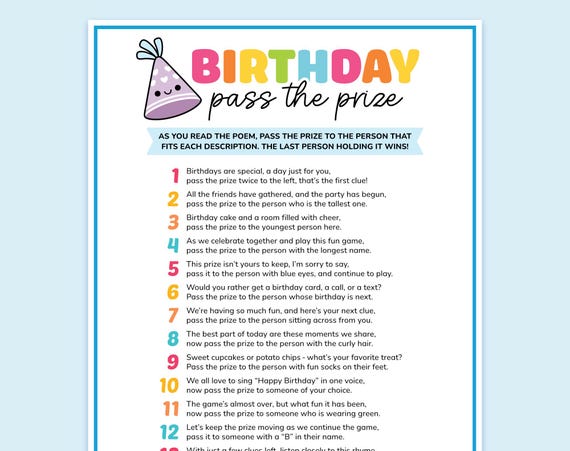 Birthday Pass the Prize Game, Pass the Prize Birthday Game, Birthday Pass the Gift Game, Pass the Present Poem, Kids Birthday Party Games