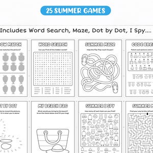 May include: A black and white activity book with the text "25 SUMMER GAMES" at the top. The book includes word searches, mazes, dot-to-dot, and I Spy games. The pages feature summer-themed illustrations like pineapples, ice cream, and beach bags.