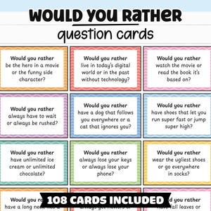 Peut inclure: Un ensemble de cartes de questions "Would You Rather" avec des bordures colorées. Chaque carte présente un scénario différent, comme choisir entre une glace ou du chocolat illimités. Le texte "108 CARTES INCLUSES" est également visible.