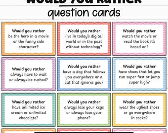 Would You Rather Cards, Kids Would You Rather Game, Family Conversation Starters, Birthday Party Ice Breaker Games, Fun Icebreaker Questions