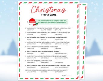 May include: A Christmas trivia game sheet with a red and green border. The title "Christmas Trivia Game" is in red script. Questions cover Christmas traditions, history, and pop culture. Includes multiple-choice answers and a space for points.