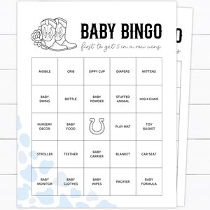 Babyshowerbingo, voorgevulde babybingokaarten, blauwe western babyshower, kleine cowboy afdrukbare activiteiten, wilde westen-feestspellen babyjongen