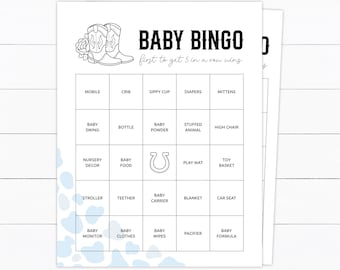 Baby Shower Bingo, Prefilled Baby Bingo Cards, Blue Western Baby Shower, Little Cowboy Printable Activities, Baby Boy Wild West Party Games