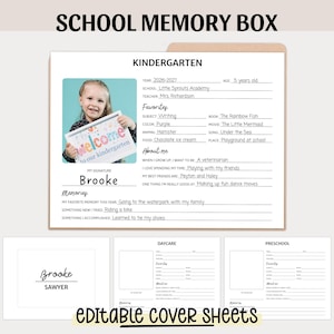 Peut inclure: Un ensemble de boîtes à souvenirs scolaires avec des feuilles de couverture modifiables pour la crèche, la maternelle et le jardin d'enfants. La feuille de maternelle inclut la photo d'un enfant tenant un panneau, avec des champs à remplir.