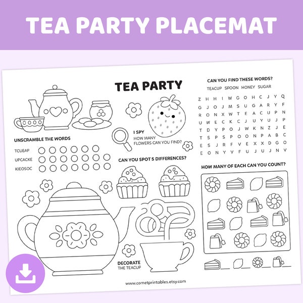 Tea Party Coloring Placemat, Girls Tea Party Coloring Sheet, Kids Sleepover Activity Sheets, Printable Birthday Party Game, Coloring Pages