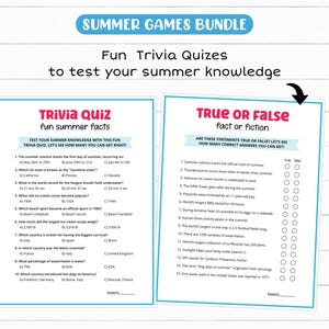 Peut inclure: Un ensemble de quiz d'&eacute;t&eacute;. La banni&egrave;re sup&eacute;rieure indique "Summer Games Bundle". Les quiz comprennent "Trivia Quiz" avec des faits d'&eacute;t&eacute; et un quiz "Vrai ou Faux". Les quiz sont sur fond blanc avec des bordures et du texte bleus.
