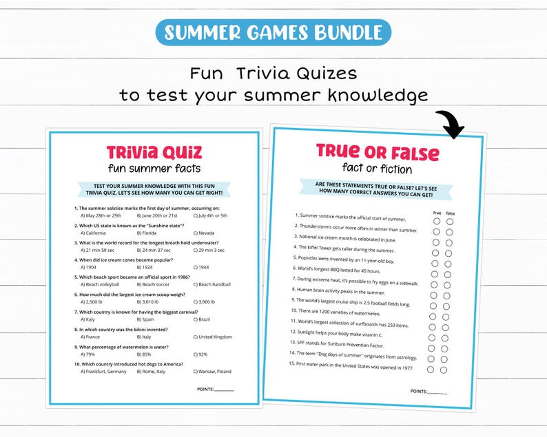 Peut inclure: Un ensemble de quiz d'&eacute;t&eacute;. La banni&egrave;re sup&eacute;rieure indique "Summer Games Bundle". Les quiz comprennent "Trivia Quiz" avec des faits d'&eacute;t&eacute; et un quiz "Vrai ou Faux". Les quiz sont sur fond blanc avec des bordures et du texte bleus.