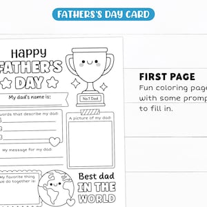 Pu&ograve; includere: Una pagina da colorare in bianco e nero per la festa del pap&agrave; con un trofeo sorridente, un mappamondo e testi da compilare come My dad's name is, 3 words that describe my dad, My message for my dad e Best dad in the world.