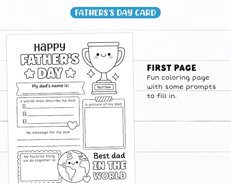 Pu&ograve; includere: Una pagina da colorare in bianco e nero per la festa del pap&agrave; con un trofeo sorridente, un mappamondo e testi da compilare come My dad's name is, 3 words that describe my dad, My message for my dad e Best dad in the world.