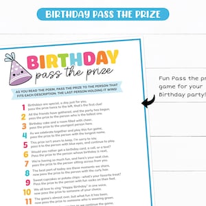 Op de afbeelding: Een kleurrijke, printbare spelkaart met instructies voor een "Birthday Pass the Prize"-spel. De kaart toont een verjaardagshoed met een glimlachend gezicht en de tekst "Birthday Pass the Prize". De spelinstructies zijn geschreven in een gedichtvorm met 11 genummerde stappen.