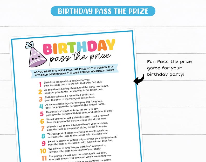Op de afbeelding: Een kleurrijke, printbare spelkaart met instructies voor een "Birthday Pass the Prize"-spel. De kaart toont een verjaardagshoed met een glimlachend gezicht en de tekst "Birthday Pass the Prize". De spelinstructies zijn geschreven in een gedichtvorm met 11 genummerde stappen.