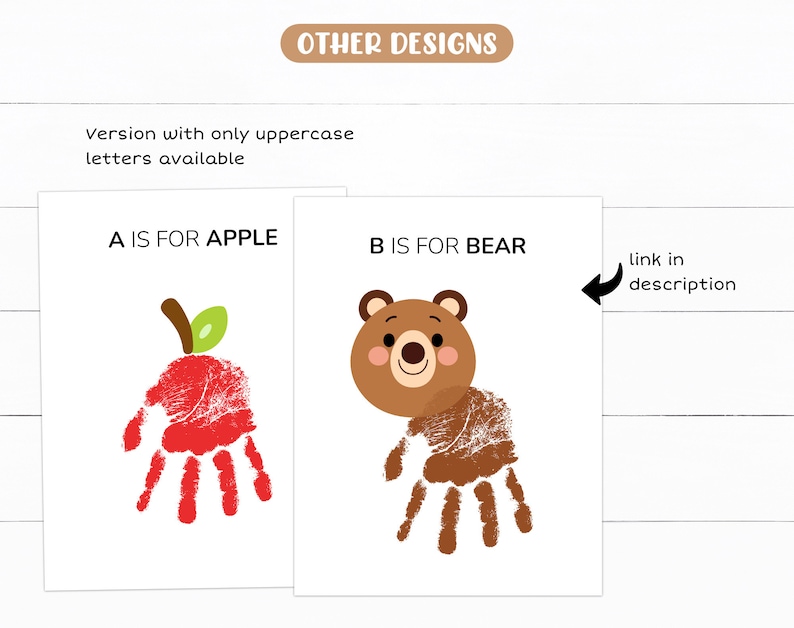 May include: Two printable cards for a handprint alphabet activity. The first card features a red apple with a green leaf and the text "A IS FOR APPLE". The second card features a brown bear with the text "B IS FOR BEAR".