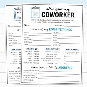 All About My Coworker, Team Building Get to Know Me Questionnaire Printable, New Employee Favorites, Favorite Things List, Gift Exchange