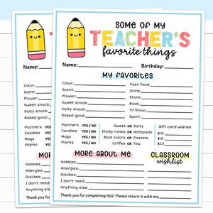 All About My Teacher Questionnaire, Meet the Teacher Survey, Printable Teacher Favorite Things List, Get to Know Teacher Sheet, School Gift