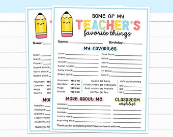 All About My Teacher Questionnaire, Meet the Teacher Survey, Printable Teacher Favorite Things List, Get to Know Teacher Sheet, School Gift