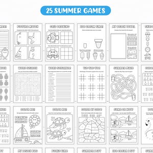May include: A black and white activity book with the text "25 SUMMER GAMES" at the top. The pages feature various summer-themed games, including mazes, word searches, and coloring pages. The book is designed for children.