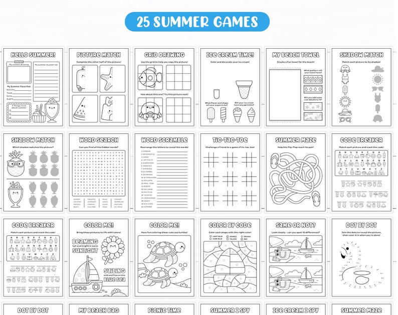 May include: A black and white activity book with the text "25 SUMMER GAMES" at the top. The pages feature various summer-themed games, including mazes, word searches, and coloring pages. The book is designed for children.