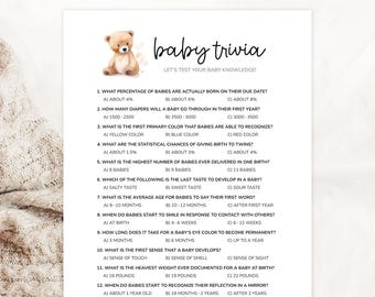 Baby-Trivia-Spiel, Teddybär-Babyparty-Trivia, Baby-Quiz, Trivia-Fragen und Antwortschlüssel, lustige Babypartyspiele druckbar, geschlechtsneutral
