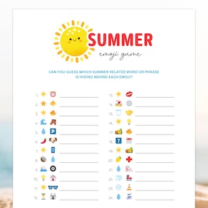 Summer Emoji Game, Summer Emoji Pictionary, Printable Emoji Quiz, Fun Kids Summer Activities, Pool Party Family Games, Beach Activity Sheet