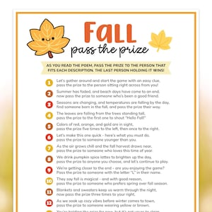 Op de afbeelding: Een kleurrijk herfst-thema spelvel met de tekst "Fall pass the prize". Het vel bevat een lachend cartoonblad en een lijst met instructies voor een gezelschapsspel. Het spel houdt in dat een prijs wordt doorgegeven op basis van beschrijvingen.
