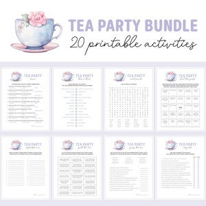 May include: A printable tea party bundle with 20 activities. The activities include games like "Guess the Tea", "Find the Guest", and "Alphabet Maze".