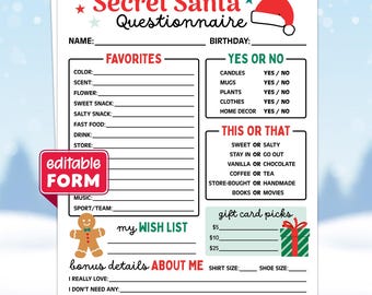 Editable Secret Santa Questionnaire, Office Secret Santa Survey, Coworker Christmas Wish List, Christmas Gift Exchange Form, Canva Template