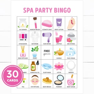 Cartes de bingo au spa, Bingo d'une journée au spa, Jeux de fête au spa avec des amis, Jeux d'anniversaire au spa pour enfants, Soirée pyjama pour filles, Soirées pyjama