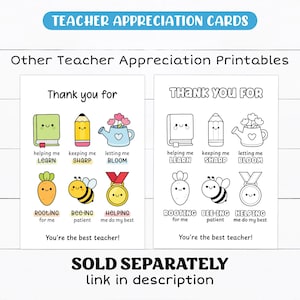May include: Teacher appreciation cards with colorful and black and white illustrations. The cards feature images of a book, pencil, watering can, carrot, bee, and medal, with text like "Thank you for helping me learn." The cards are labeled "Teacher Appreciation Cards."
