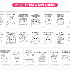 K&ouml;nnte beinhalten: Zwanzig schwarz-wei&szlig;e druckbare Valentinstagskarten mit niedlichen Illustrationen von Essen und Gegenst&auml;nden mit Wortspielen. Jede Karte hat Platz f&uuml;r einen Namen und eine Nachricht.