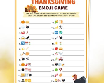 Thanksgiving Emoji Pictionary Game, Thanksgiving Emoji Quiz, Guess the Emoji Games, Kids Classroom Activity Sheet, Family Dinner Party Games